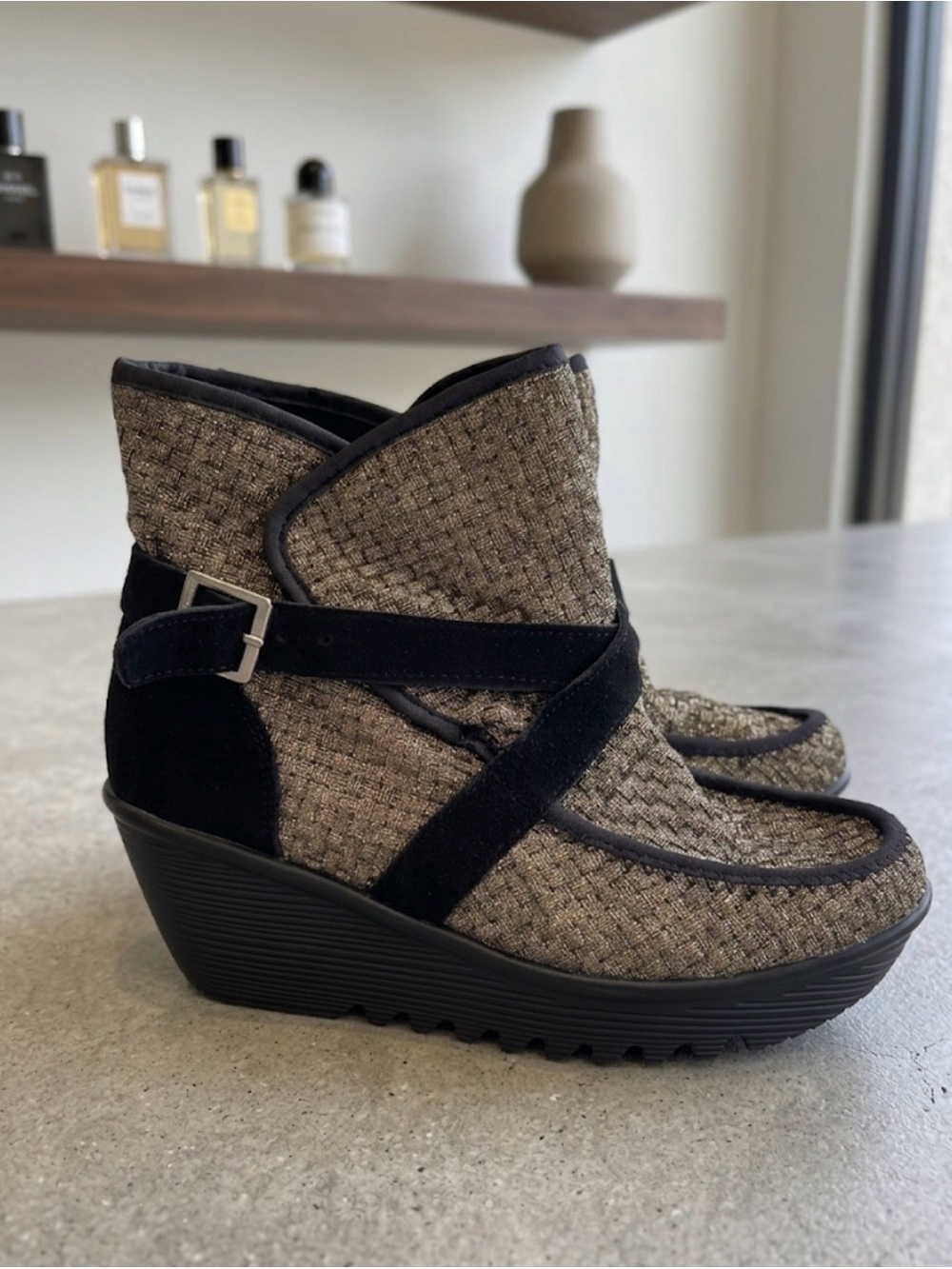 Bernie Mev Woven Tweed Ankle Wedge Boots in Taupe and Black NEW